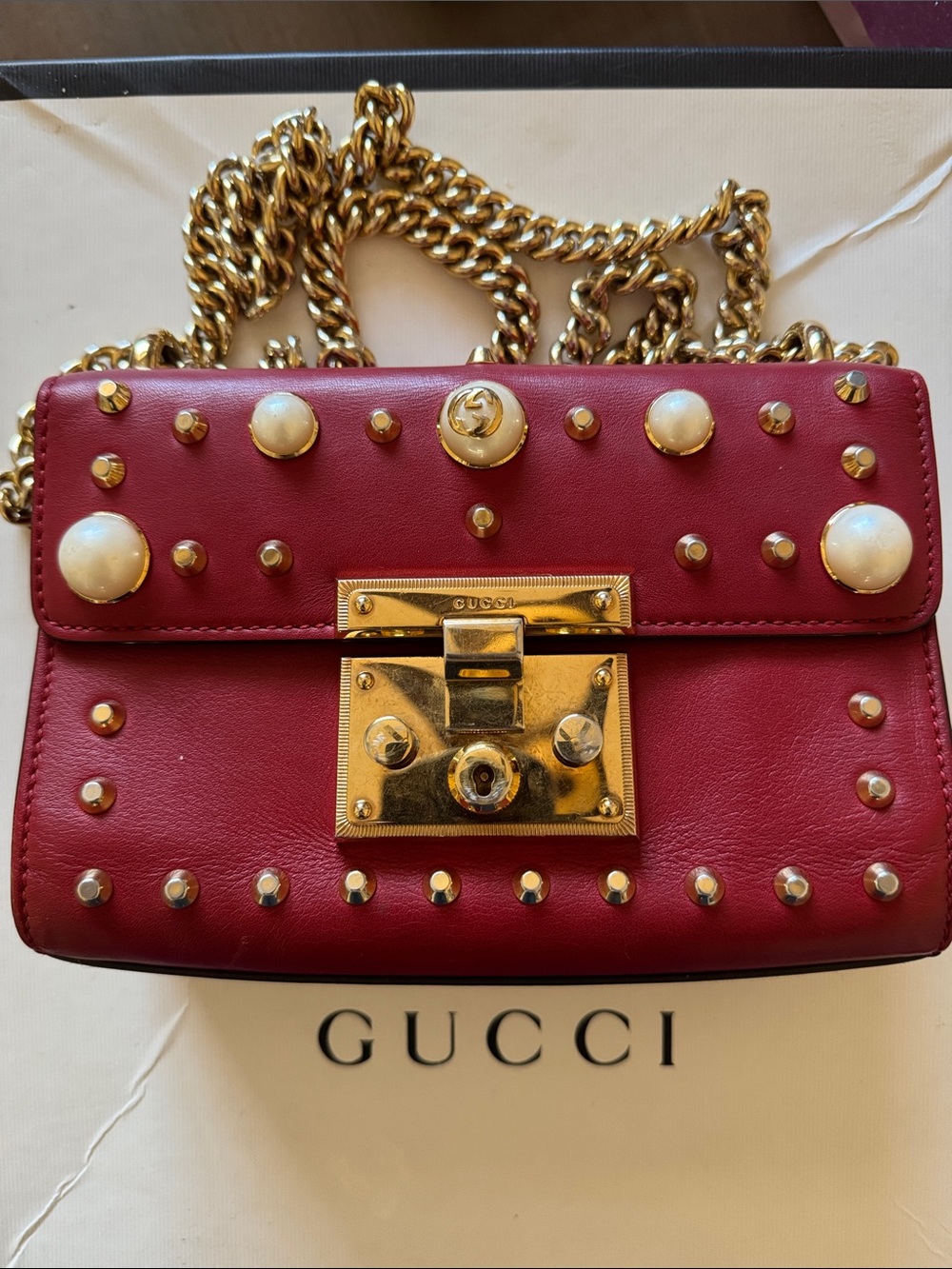 Gucci Red Leather Crossbody  Gold Chain